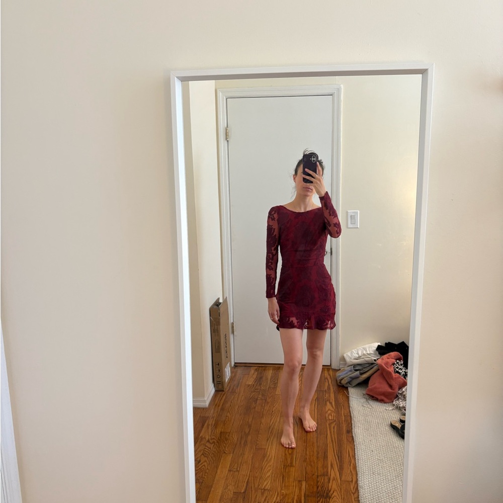 For Love & Lemons Burgundy Lace Long-Sleeve Mini Dress